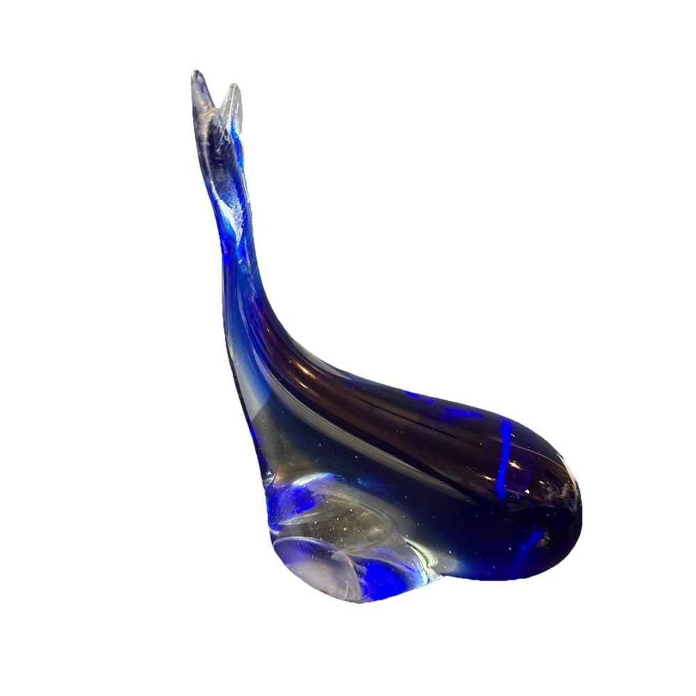 Vintage Blown Glass Whale Cobalt Blue Art Whale Sculpture Crystal Clear China 9"